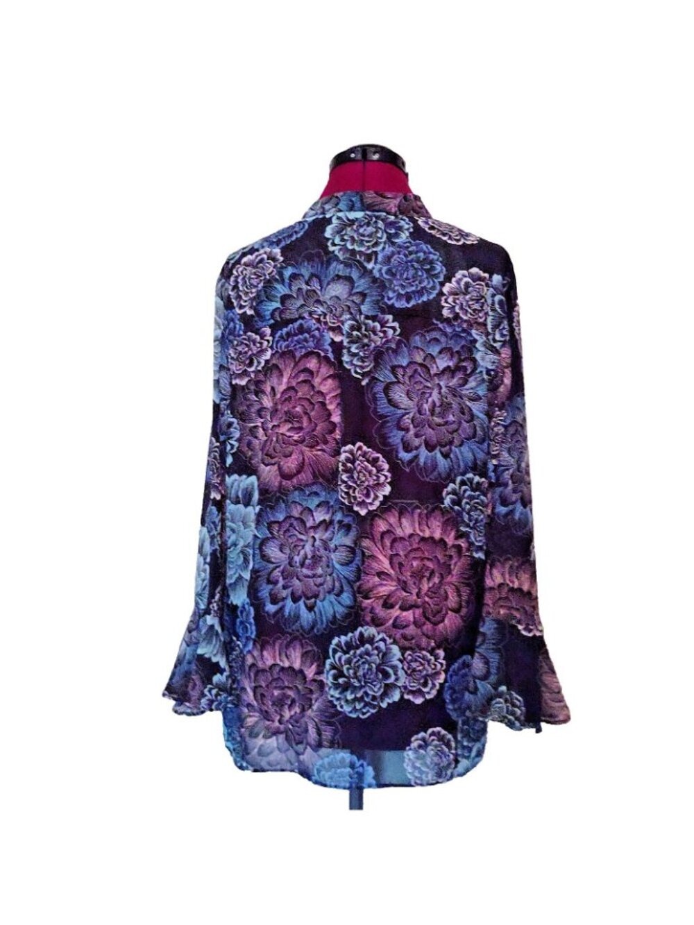 Zac & Rachel Woman 1X Blouse Choker V Neck Bell Sleeve Floral Sheer Top Lined - Picture 2 of 7